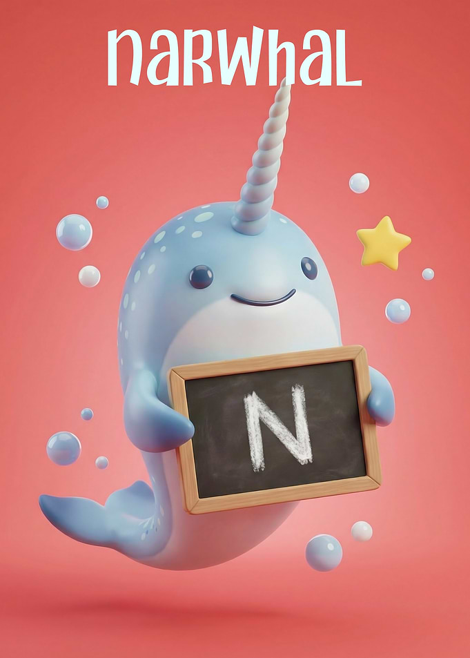 Cute Narwhal Holding a Board Letter N