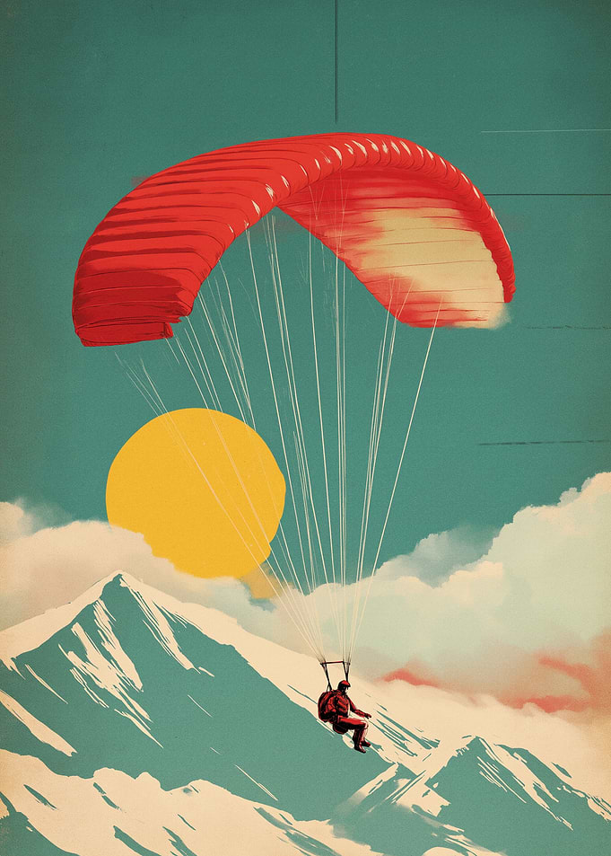 Paraglider over snowy mountains
