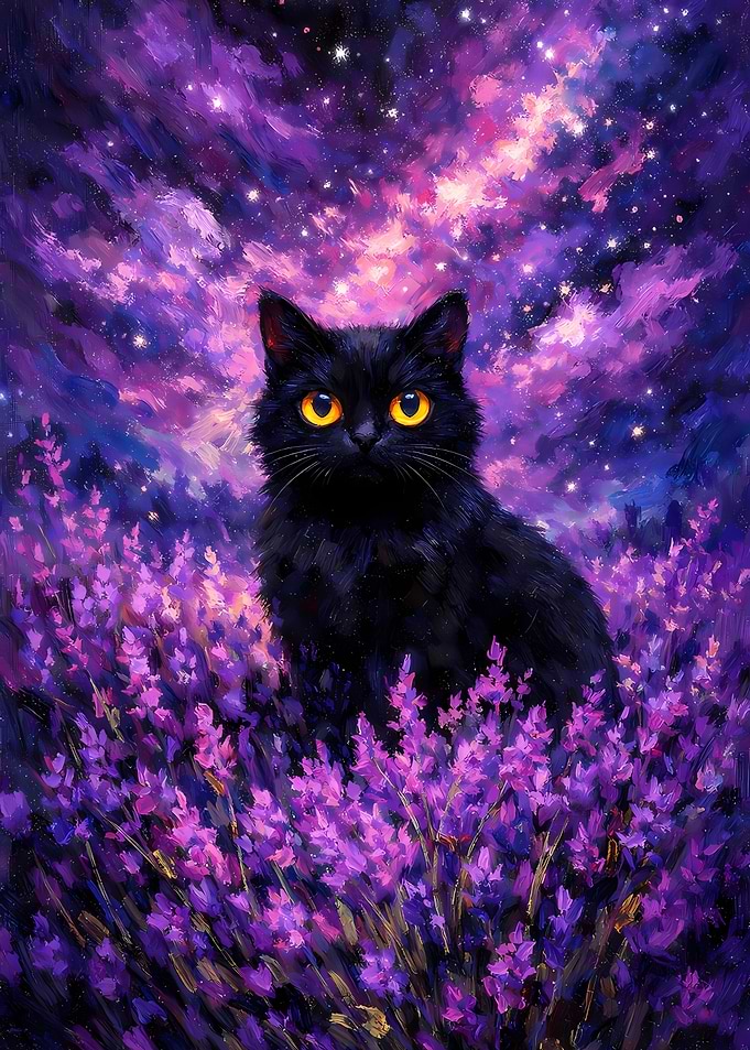 Black Cat in Lavender Field Under Starry Sky