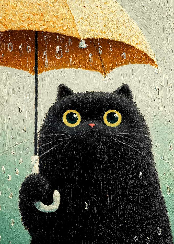 Black Cat Under Yellow Umbrella in Rain