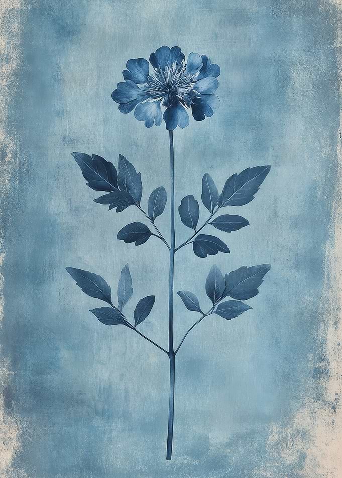 Blue Flower Cyanotype Art | Antique Wild Carrot Botanical Wall Art