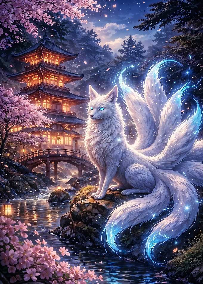 Mythical Fox Spirit by Japanese Pagoda