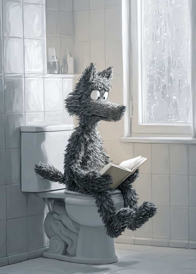 Wolf Reading on Toilet During Rain
