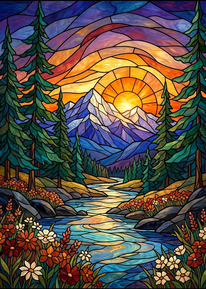 Stained Glass Mountain Sunset