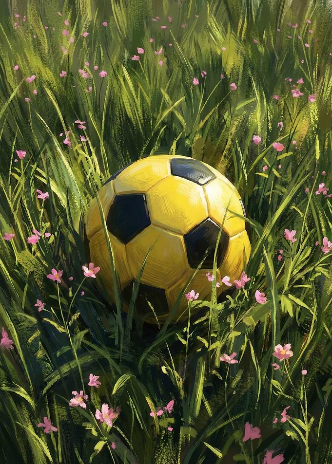 Soccer ball in tall grass with flowers