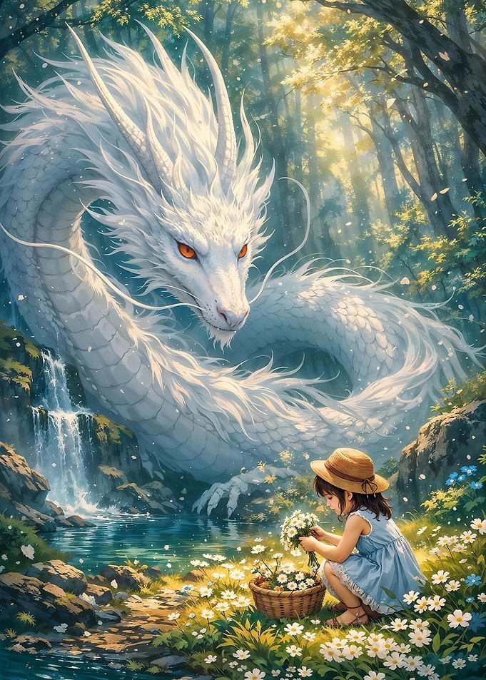 Majestic White Dragon in Forest