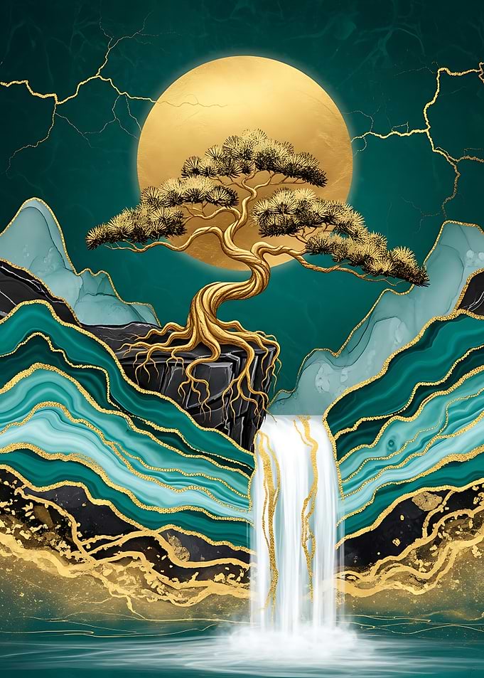 Golden Bonsai Tree Waterfall Landscape Golden Art Poster