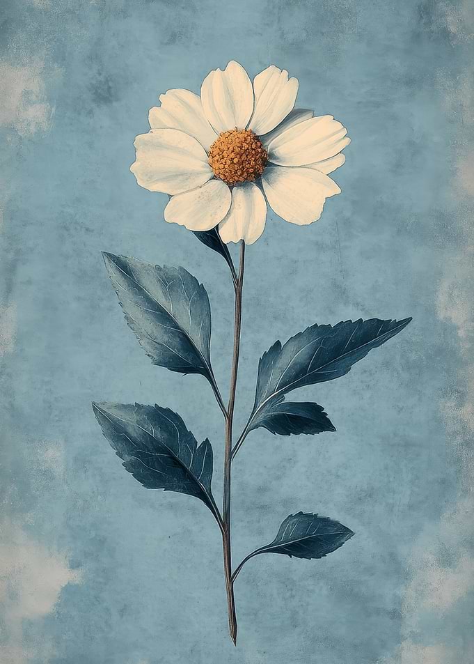 White Daisy on Blue Textured Background | Botanical Wall Art
