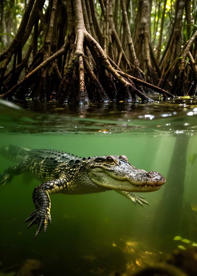 Alligator Swimming in Mangrove Swamp