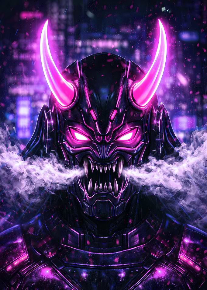 Cyberpunk Oni Mask with Neon Horns - Neon Ronin Poster (Cyber Samurai Edition)