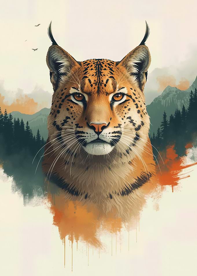 Lynx Majesty — Stylized Wildcat Portrait with Mountain Forest Background