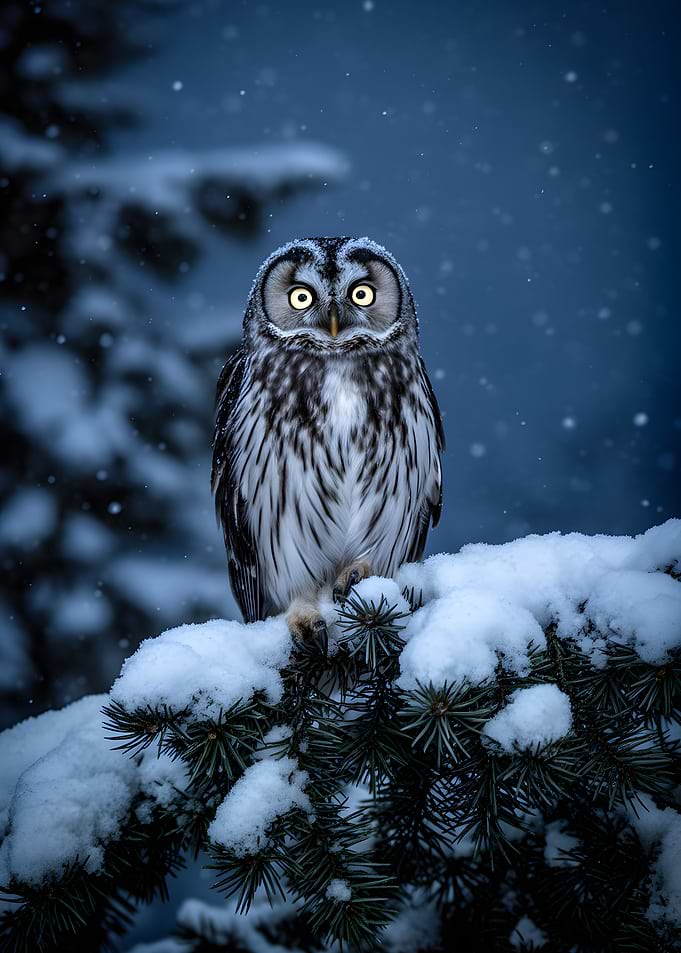Owl perched on a snowy branch