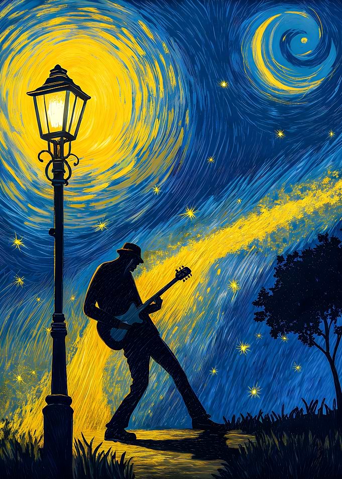 Call of the Stars: Silhouette and Guitar Under a Magical Lamppost