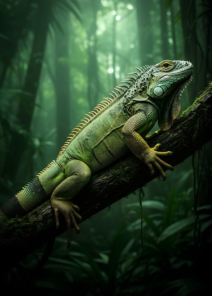 Green Iguana in a Misty Jungle