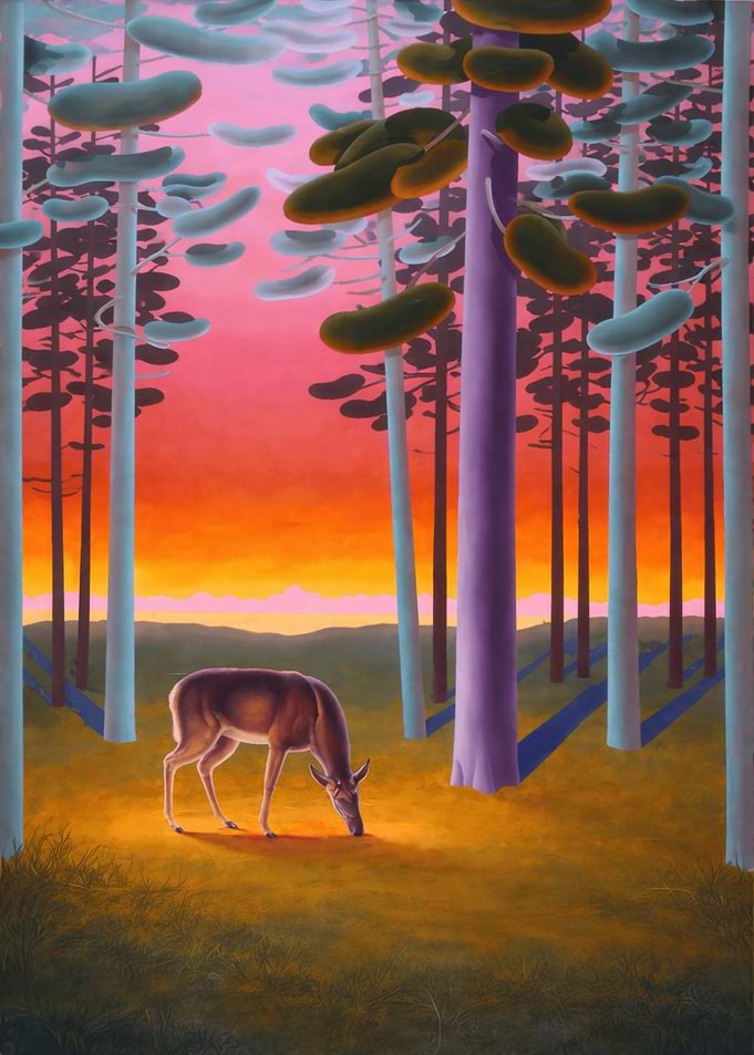 Deer in a surreal forest at sunset