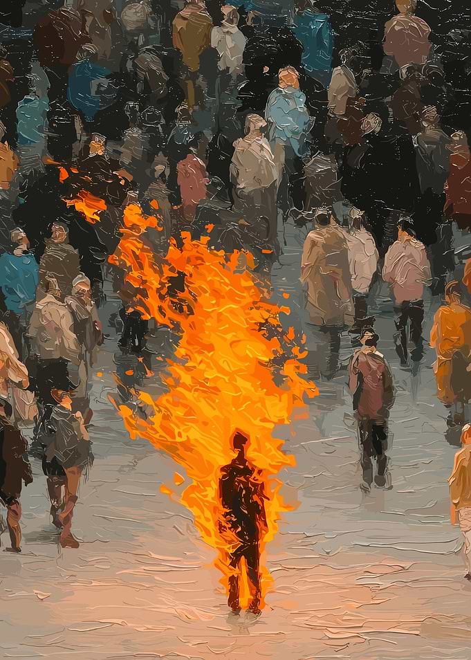 Man engulfed in flames surrounded by crowd