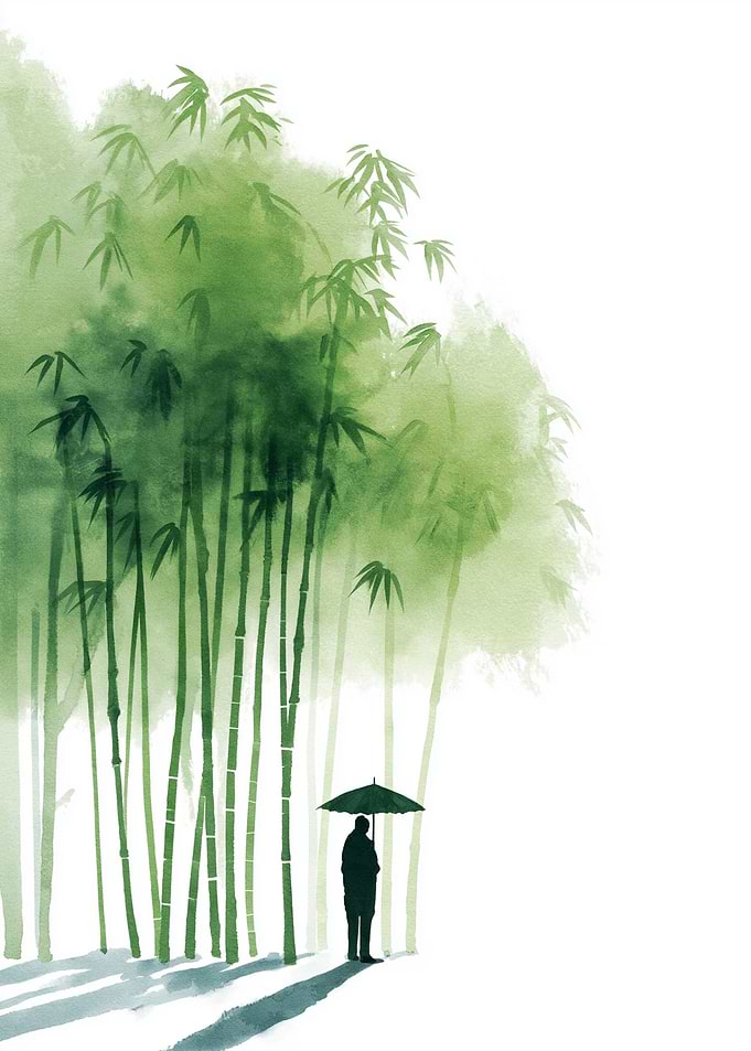 Person with Umbrella in Bamboo Forest