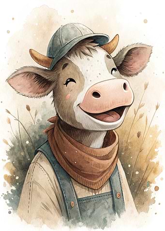 Cute Cow Wearing Overalls and Scarf