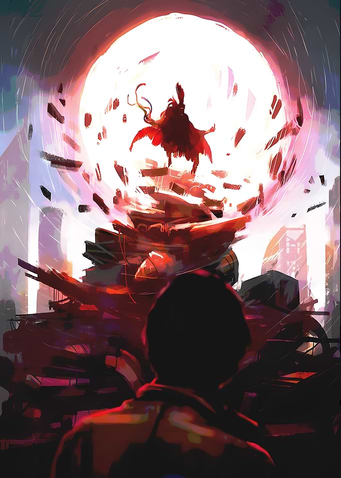 Figure in Red Cape Amidst Destruction