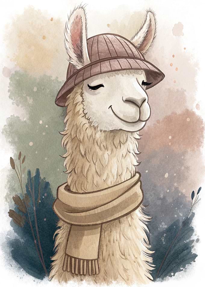 Cute Llama Wearing a Hat and Scarf