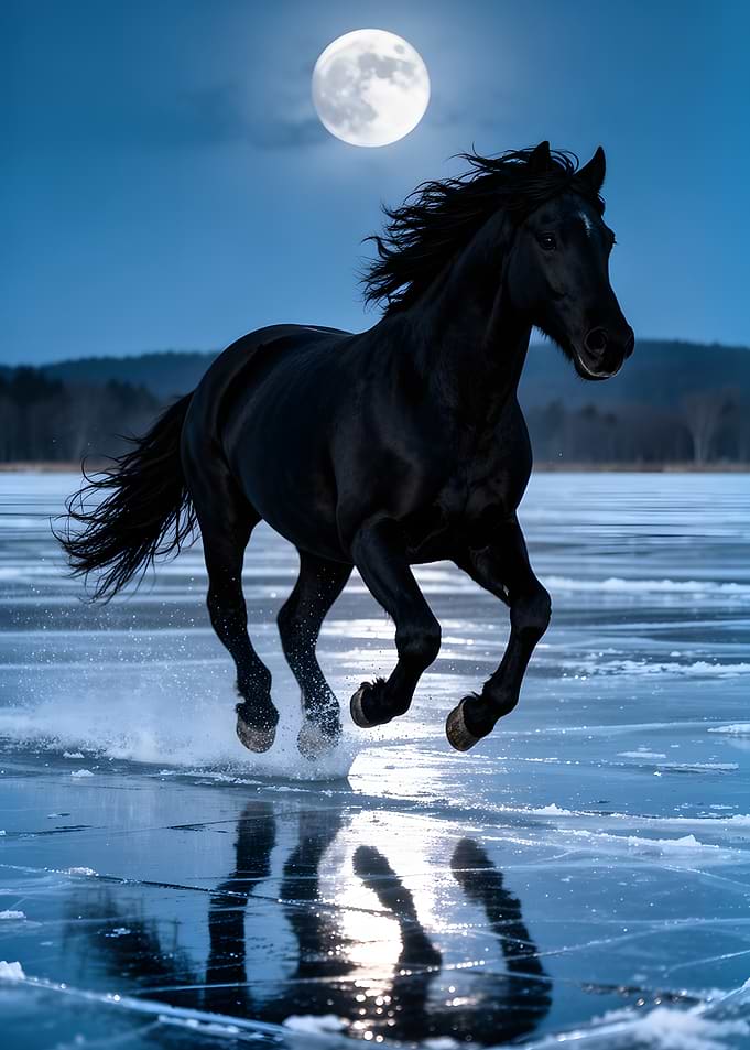 Black horse running on ice under moon