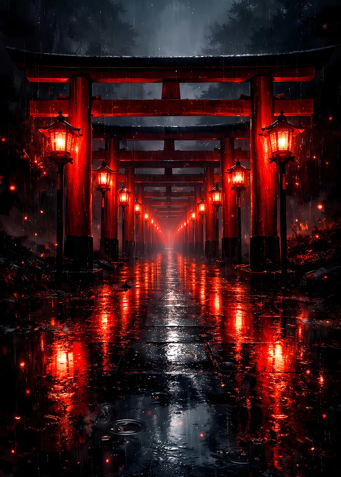 Rainy Torii Gate Path with Lanterns