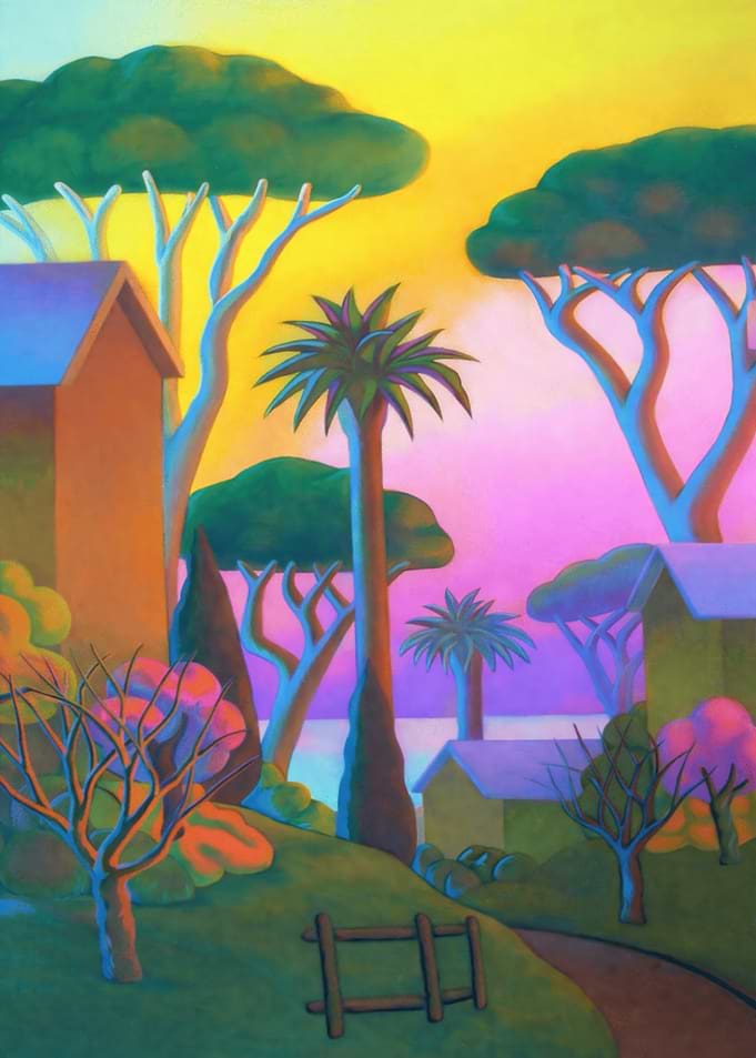 Vibrant Landscape with Houses and Palm Trees