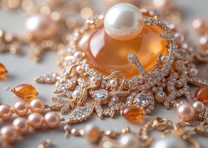 Ornate Gold Brooch with Pearls and Gems