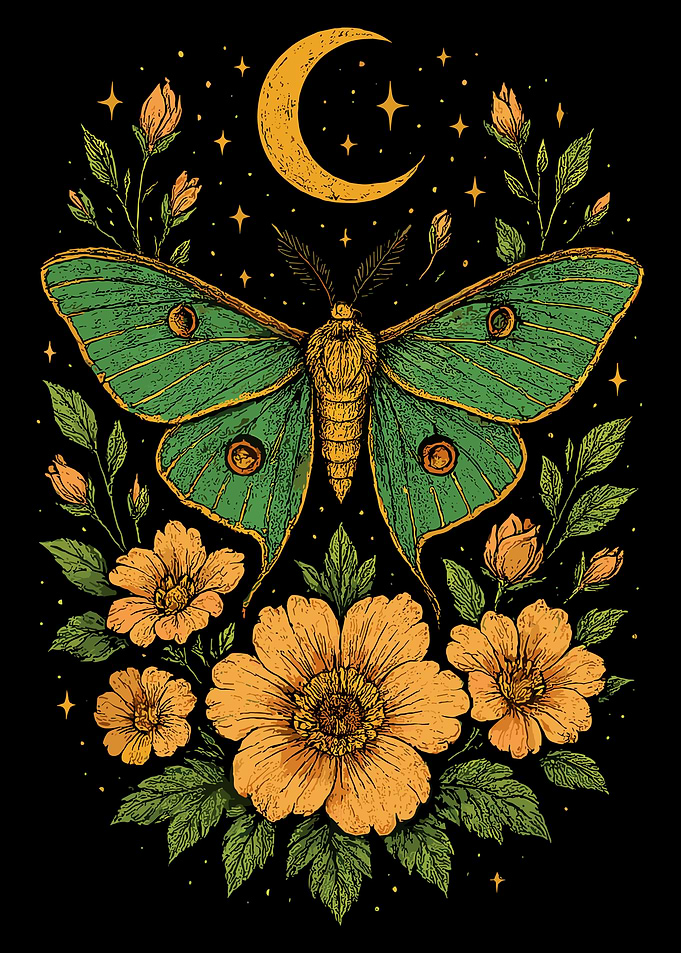 Luna Moth Poster, Celestial Night Sky Wall Art, Vintage Botanical Moon Print