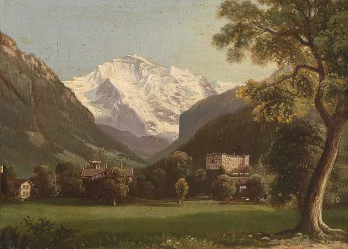 Alpine Valley with Snow-Capped Mountains and Buildings