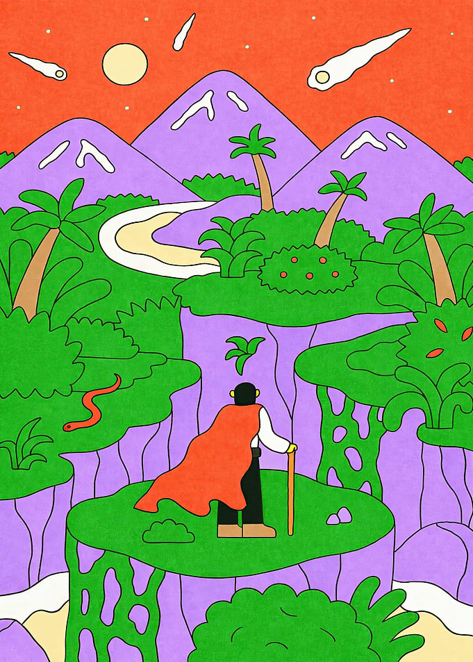 Adventurer overlooking a vibrant alien landscape