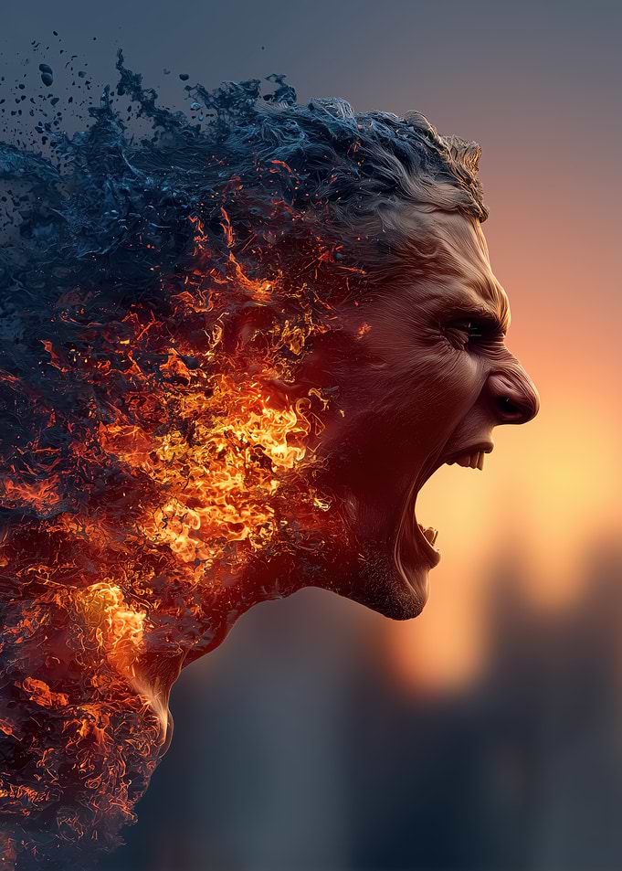 Man's head dissolving into fire and water