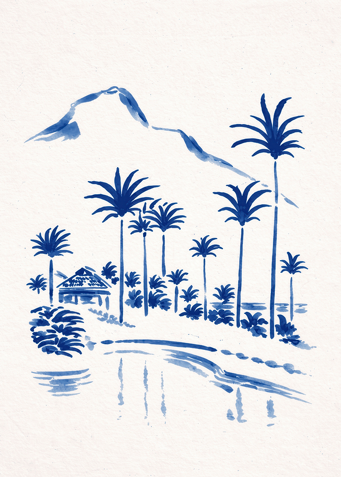 Blue Ink Tropical Landscape Painting