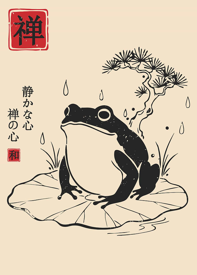 Zen Frog Poster, Japanese Ink Wash Art Print, Tranquil Lily Pad Wall Decor