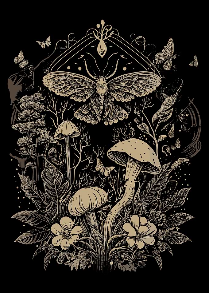 Gothic Moth Poster, Vintage Botanical Mushroom Wall Art, Dark Cottagecore Print