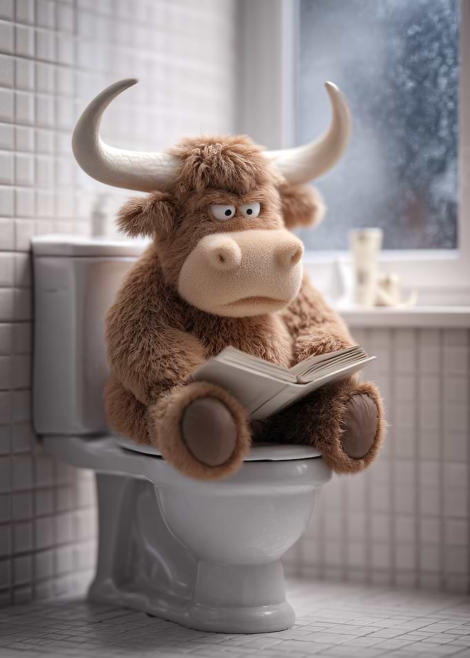 Plush Highland Cow Reading on Toilet