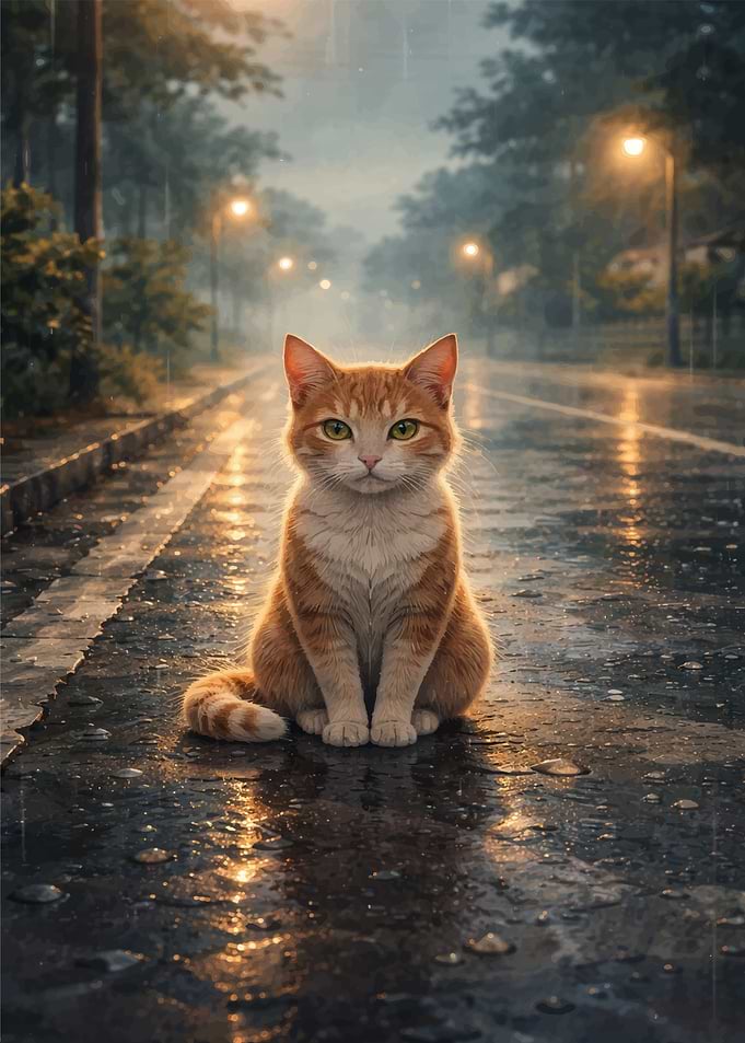 Orange Cat Sitting in the Rain