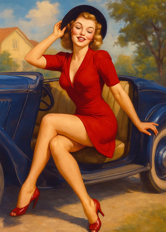 Retro Pin-Up Woman in Red Dress with Car