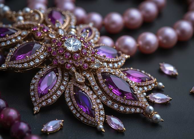 Ornate Gemstone Brooch with Pearls