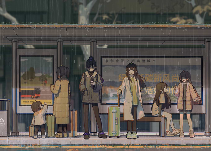 characters at a rainy bus stop