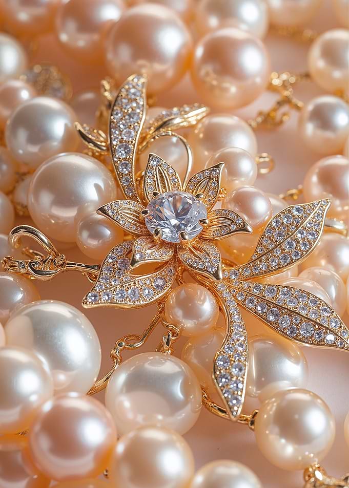 Pearl Necklace with Diamond Brooch
