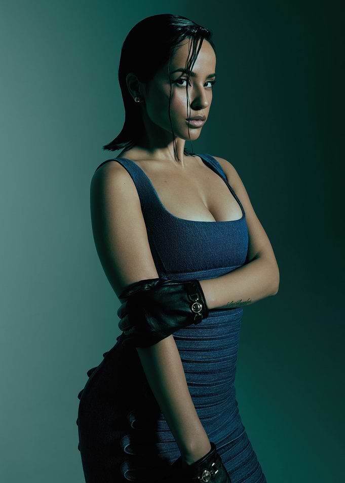 Becky G in Blue Dress and Gloves