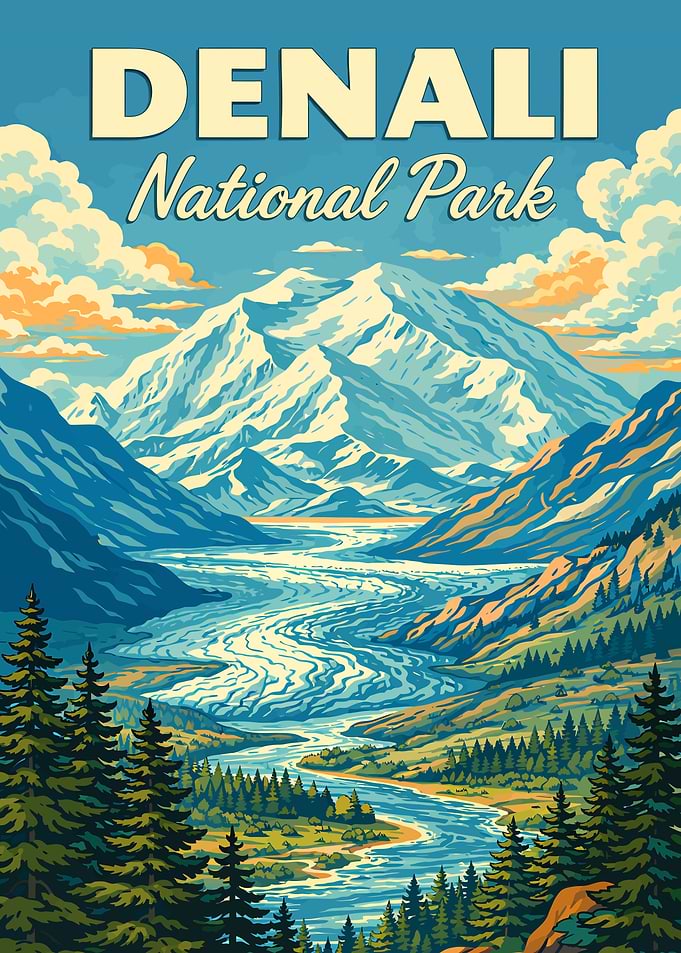 Denali National Park Alaska Vintage Travel Poster – Alaska National Park Retro Landscape