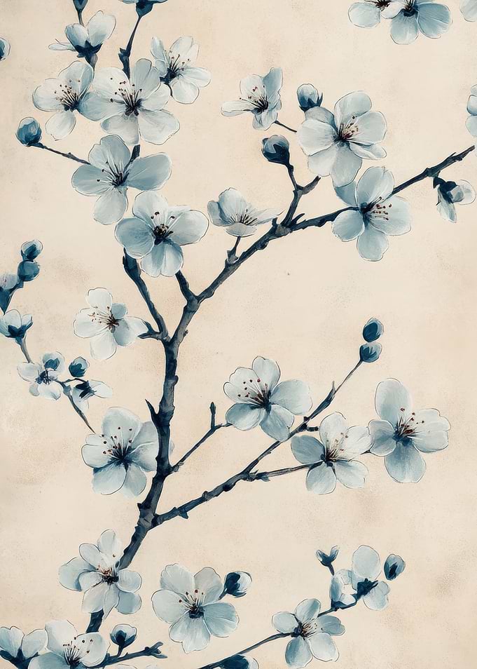 Blue Cherry Blossoms | Antique Cherry Blossom Botanical Art