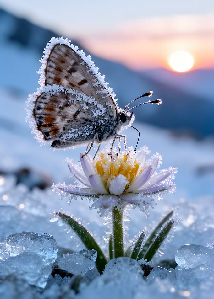 Butterfly on frosted flower at sunrise
