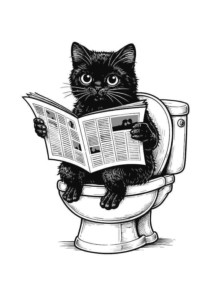 Black cat reading newspaper on toilet