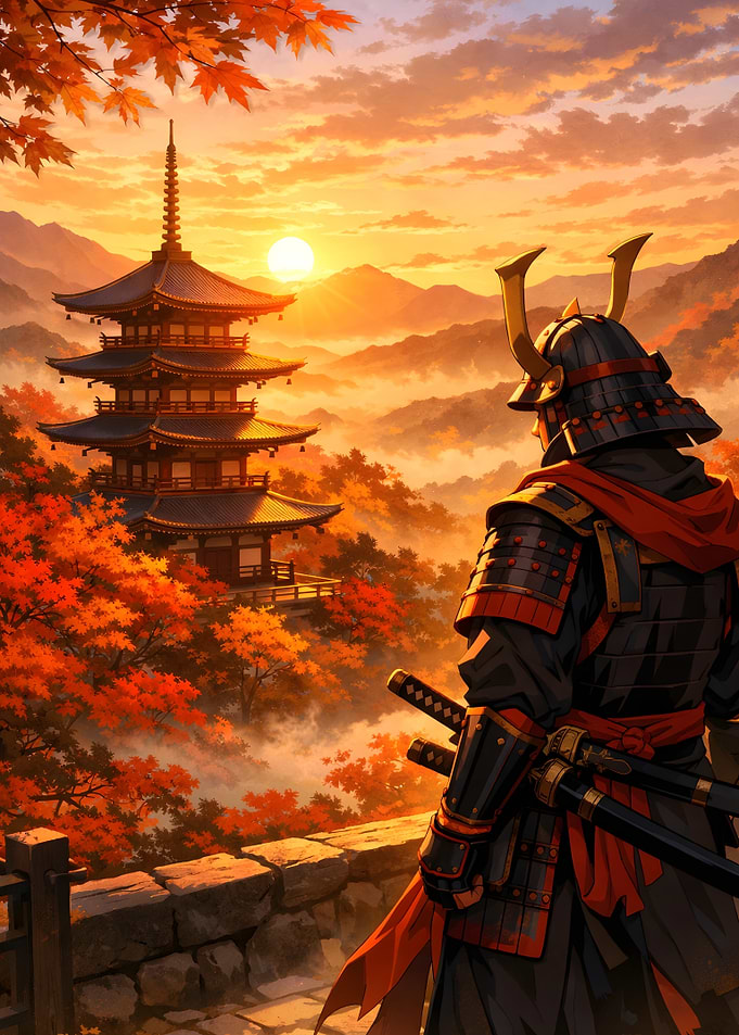 Japanese Samurai Anime Autumn Pagoda