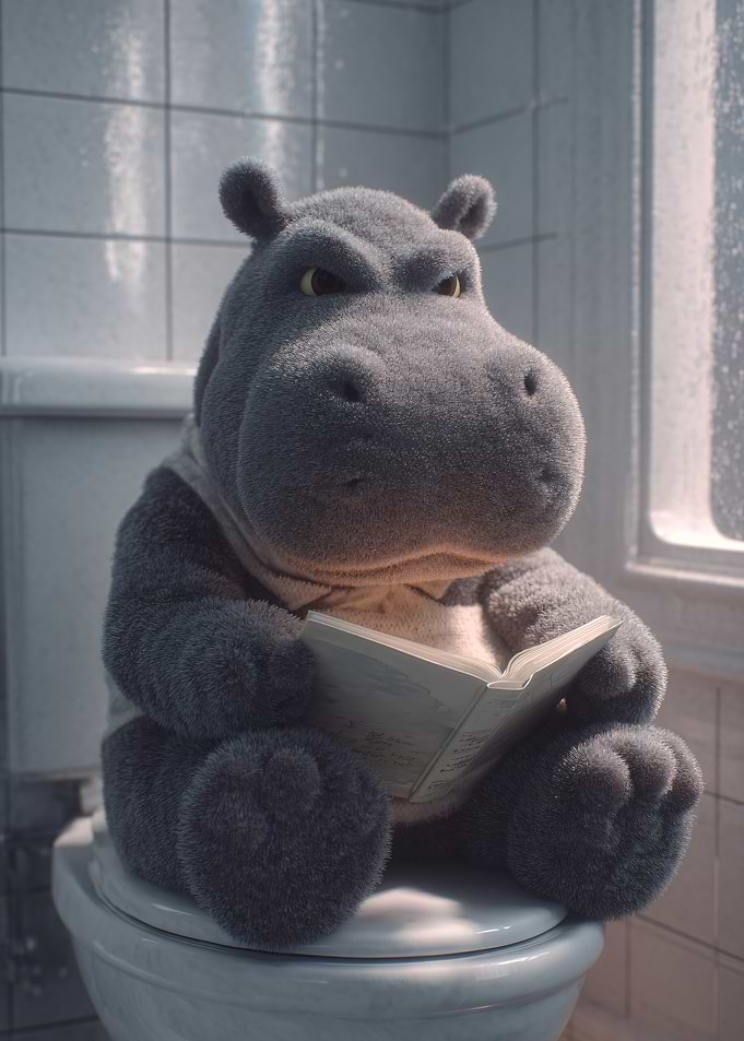 Hippo reading on a toilet