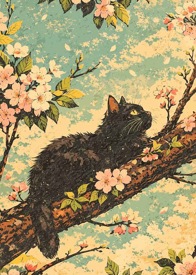 Black Cat on Cherry Blossom Branch