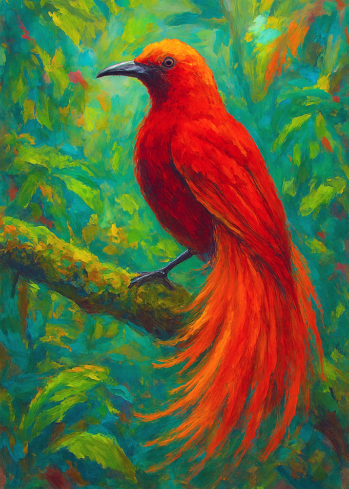 Vibrant Red Bird in Lush Greenery